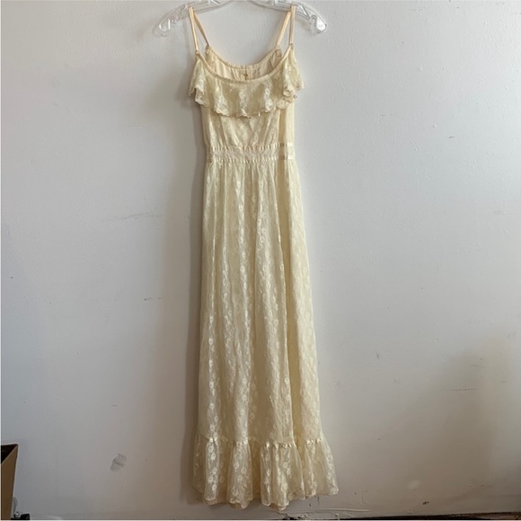 Vintage Dresses & Skirts - Vintage 1930s Gown Floral Lace Satin Silk Maxi Dress Ruffled Butter Yellow Cream